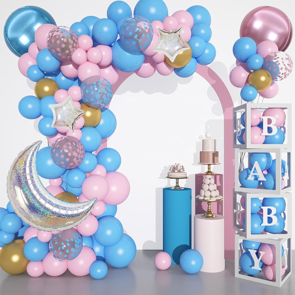 Baby Box Gender Reveal Balloon Decoration Kit, 137pcs Pink & Blue Balloon Arch with Baby Box Letters (A-Z+Baby) for Baby Shower, Boy, Girl, Gender Reveal Party Decorations, Birthday Supplies
