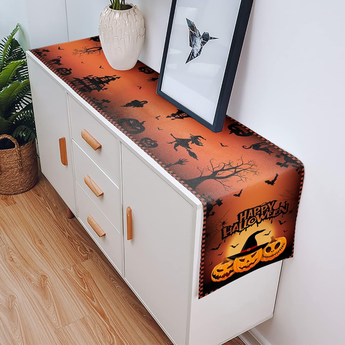Libaoge Halloween Table Runner 72" Long for Kitchen Dining Table, Orange Pumpkin Bat Burlap Coffee Table Runner for Family Dinners, Parties, Holiday Gatherings, 13x72"