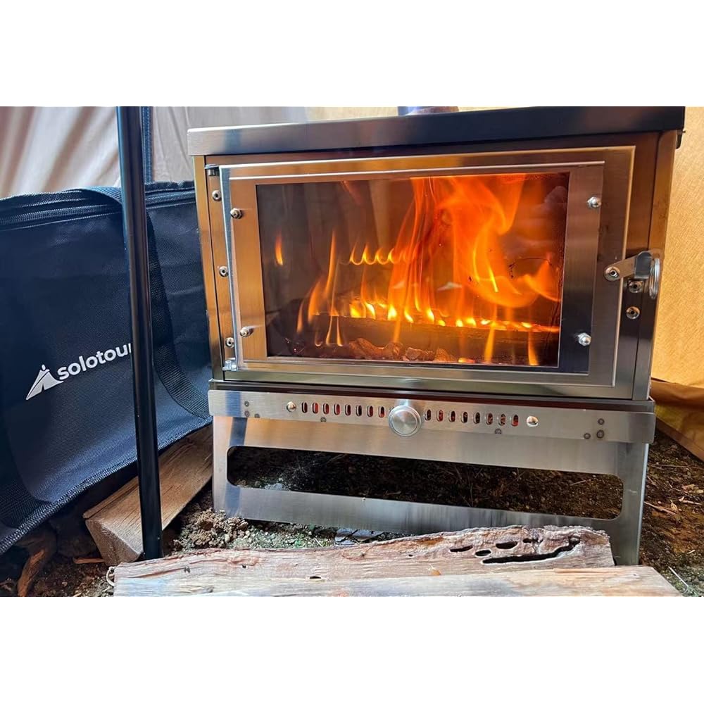 solotour [Secondary Combustion] Glass Wood Stove Assembly Compact Spark Arrester Chimney with Damper *Storage Bag Included Size 38*25*25