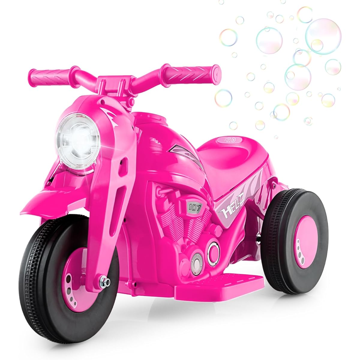OLAKIDS Kids Bike 6V Electric Ride with Automatic Bubble Function, Foot Pedal, Headlight, Music, 3 Non-Slip Wheels Car for Kids and Toddlers Ages 3+ (Pink)