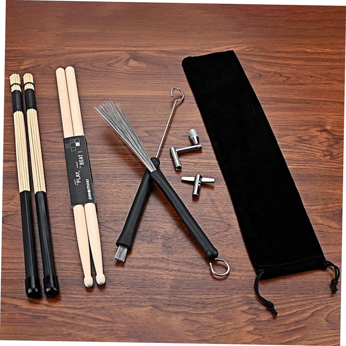 Vaguelly Set of 4 Drumsticks, Drum Brushes, Percussion Sticks, Jazz Brushes, Percussion Drum Tools, Drumstick Brushes, Drum Tuning Keys, Drum Keys, Drum Cleaning Tools
