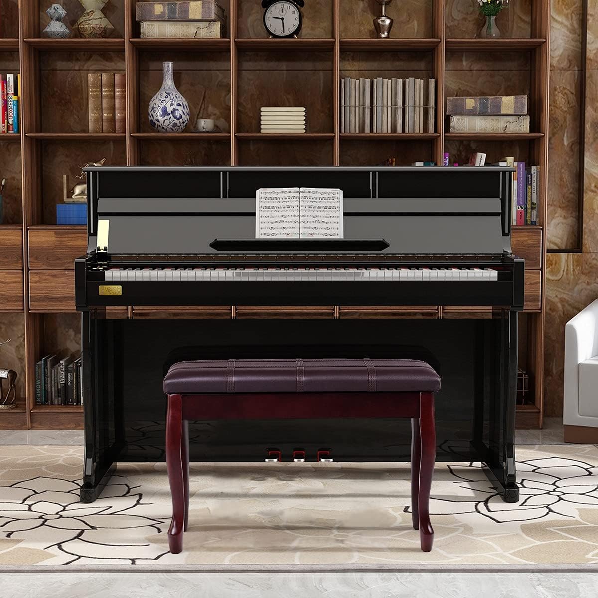Happygrill Piano Bench with PU Leather Padded Cushion, Comfortable Double Duet Seat Stool with Storage and Sturdy Wooden Legs