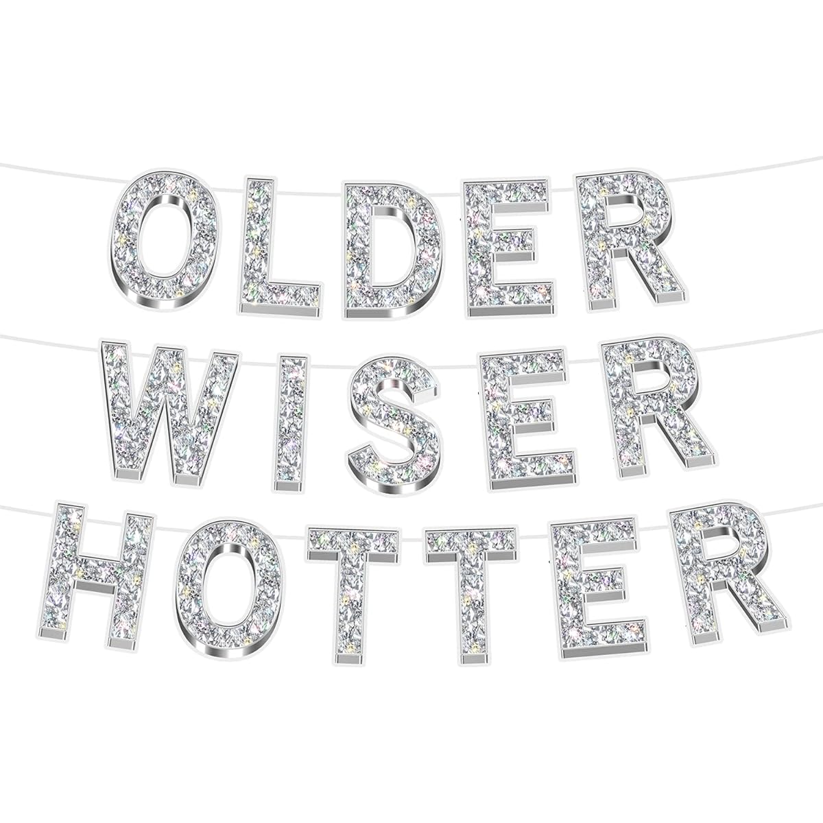 Older Wiser Hotter Glitter Banner - Silver Happy Birthday Banner Fun Birthday Party Decorations Adult Party Supplies 30th Birthday Decoration HBD Gag Gift Photo Booth Backdrop