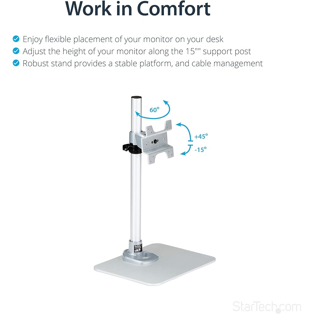 StarTech.com Single LCD Monitor Stand, Adjustable Angle and Height, Compatible with 12-34 inch VESA Standard Monitors, Premium Steel, Silver ARMPIVSTND