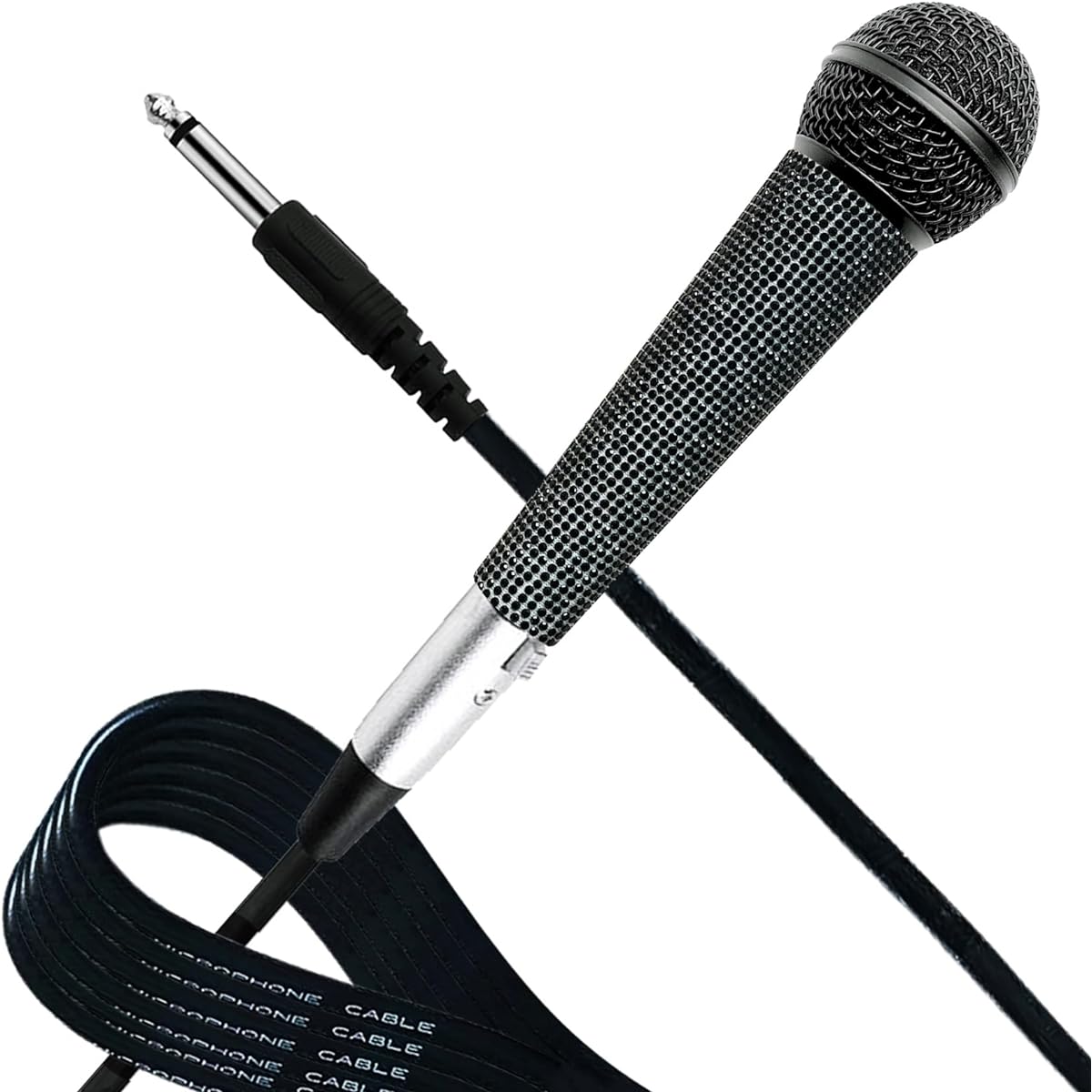 RhymKawa 58 Vocal Microphone with XLR Cable, Black Die-cast Body, Shiny Rhinestone Handle Sleeve for KTV, Singing, DJ, Church, Presentation, Recording