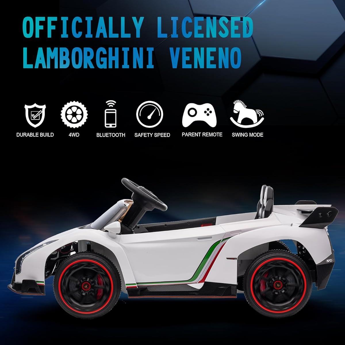 AOKOY Children's Car 4x4 License Lambor-ghini Veneno Kids Electric Car Toddler Ride-On Sports Car with Remote Control 12V Swing Mode Hydraulic Door White