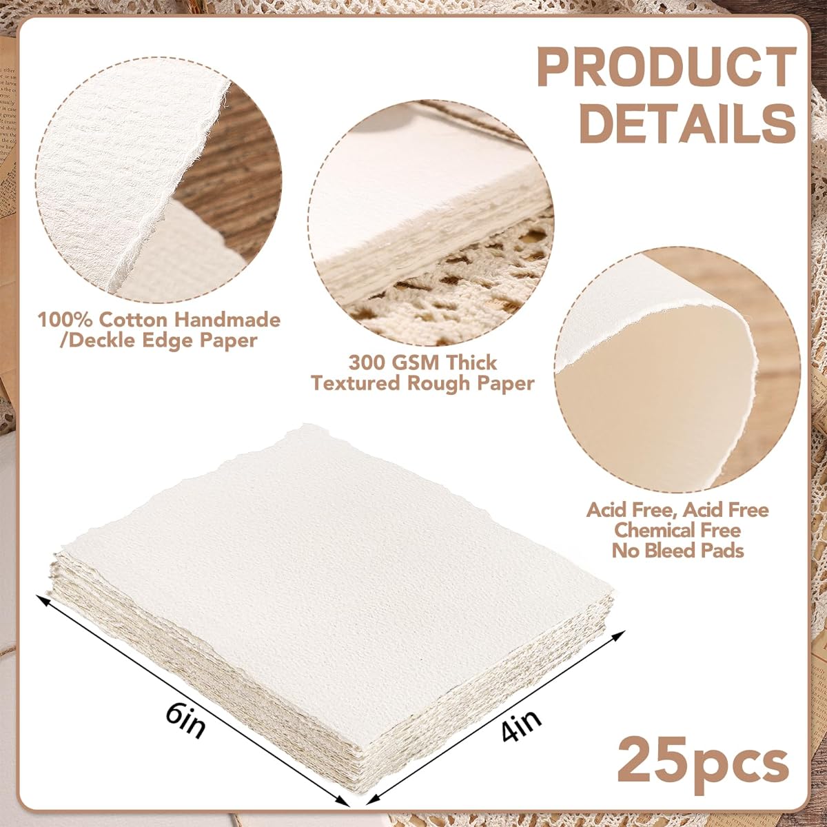 25 Sheets Watercolor Paper 300GSM Deck Edge Paper 4 x 6 Inch Rough/Textured Handmade Paper Cotton Paper White Texture Paper for Watercolor Wedding Invitations Cards Crafts