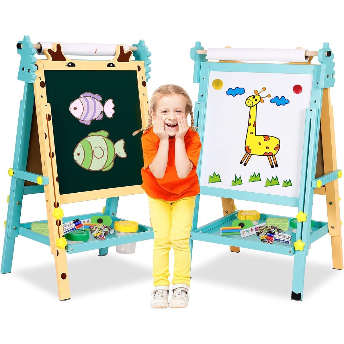 Maycoly Kids Art Easel with Paper Roll, Toddler Double-Sided Whiteboard & Chalkboard Standing Easel with Numbers and Other Accessories for Boys and Girls