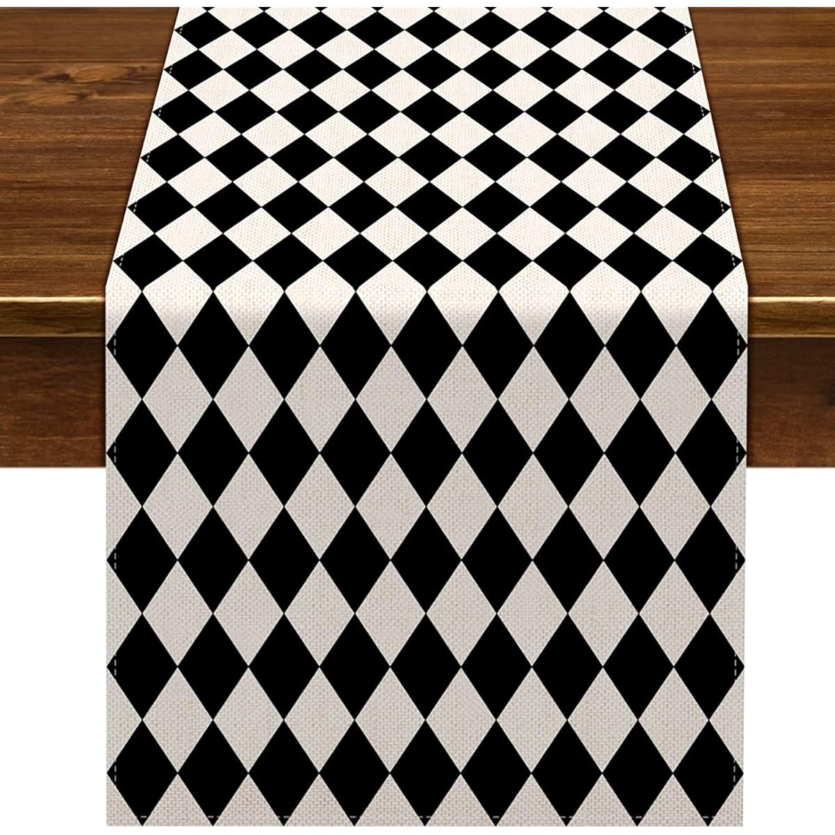 Nepnuser Linen Black White Diamond Lattice Table Runner Tea Theme Party Decorations Picnic Holiday Check Buffalo Plaid Table Cover for Kitchen Dining Room (13" x 36")