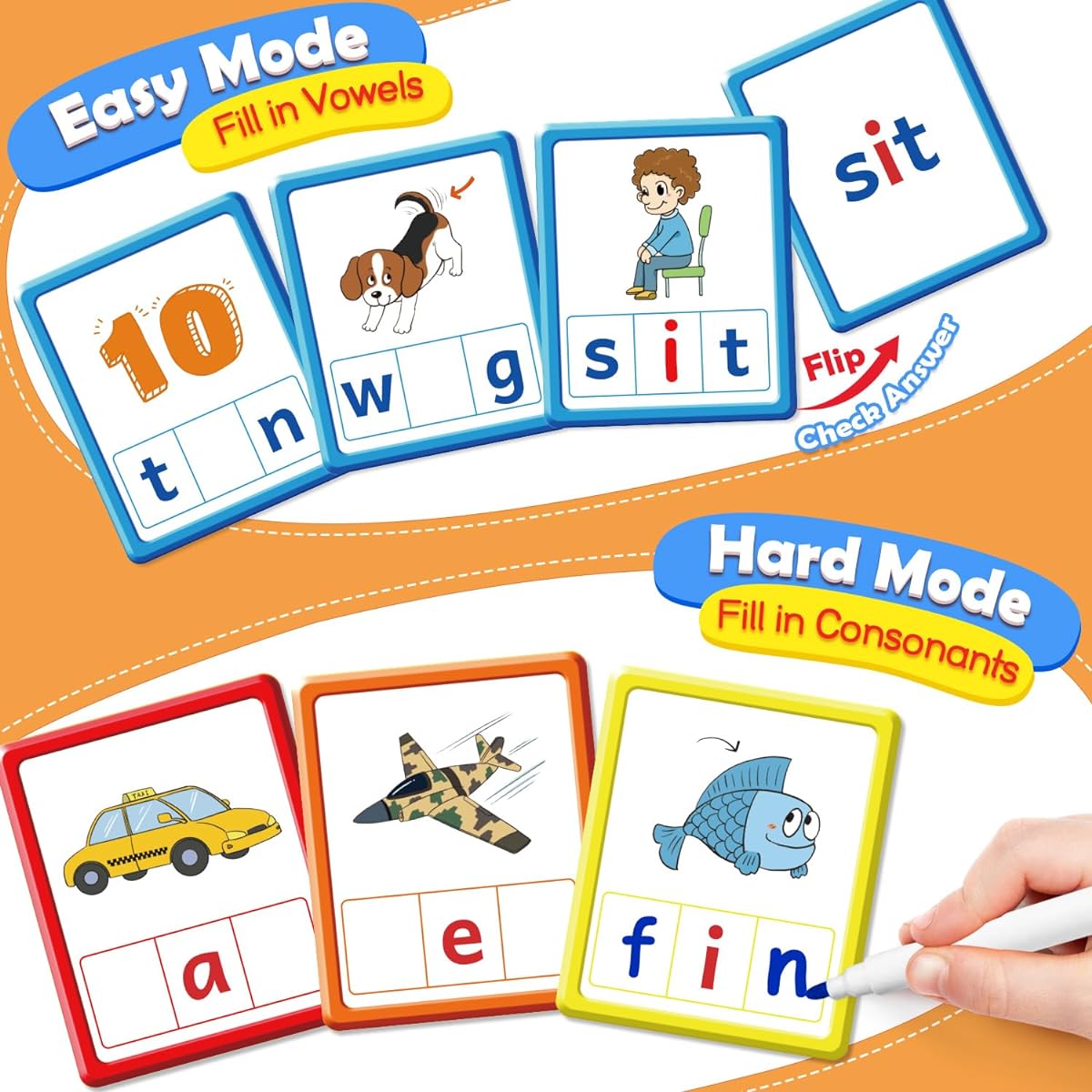 Torlam CVC Word Games Phonics Games Sight Words Flash Cards Spelling Reading Learning Flash Cards Fidget Pop Board Speech Therapy Toys Preschool Classroom Homeschool Supplies
