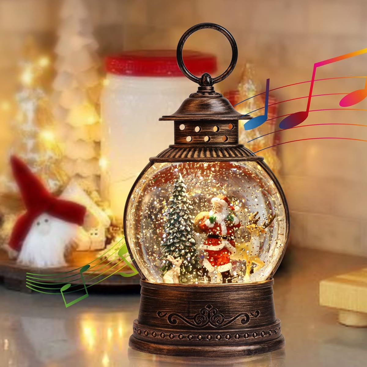 Snow Globe Christmas Decoration with Lights, Musical Christmas Snow Globe Lantern with Swirling Glitter, Santa and Elk, Christmas Holiday Party Gifts and Decorations
