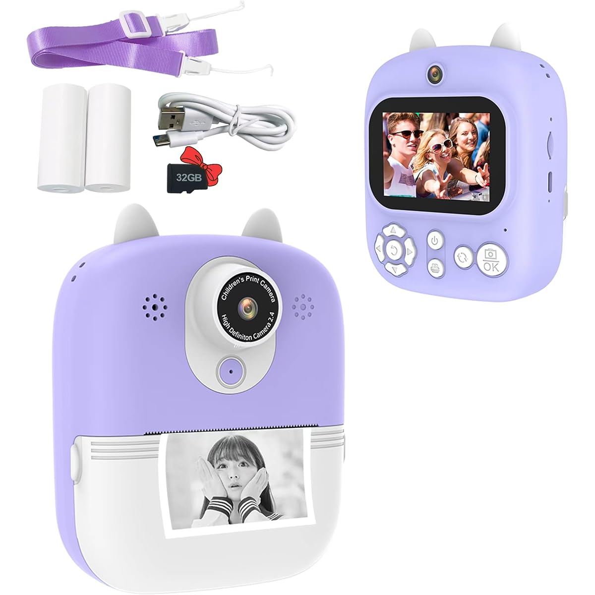 ncluded / 3 roll thermal paper / 2.4 inch IPS screen selfie dual lens 1080P HD self-timer shooting function/Japanese manual included/Children's gift/USB charging/Popular student toy Suitable for boys and girls birthdays Christmas Halloween gifts (purple)