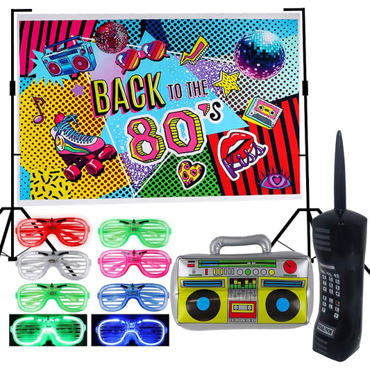 80s Party Backdrop Decorations Supplies Set - Inflatable Retro Cell Phone Boombox LED Shutter Shading Glasses Party Favors 80s 90s Hip Hop Glowing Theme Birthday Decor