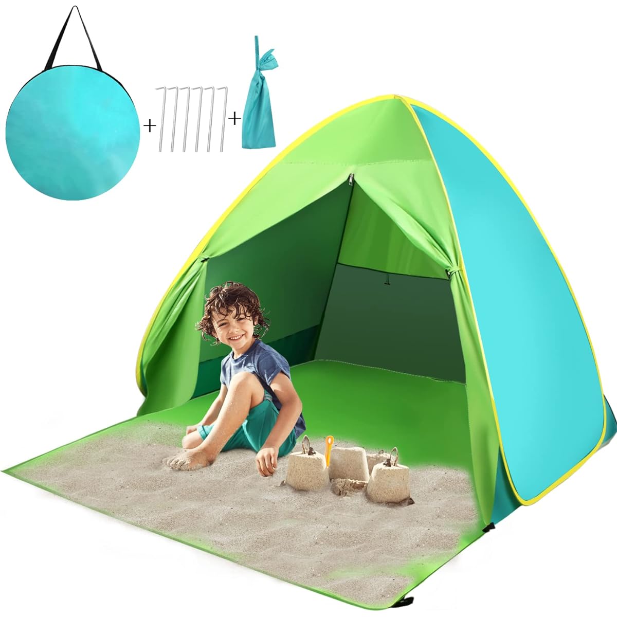 FINCOME Pop Up Beach Tent Portable Beach Shade Sun Shelter UPF 50+ for 2~3 Persons Lightweight and Easy Setup Cabana Beach Tent for Camping/Outdoor, MHDJ02