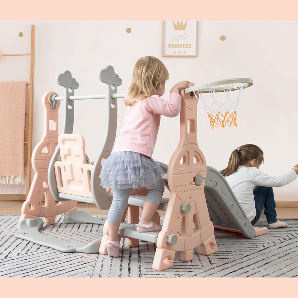 BTM Slide Children Swing Indoor Basketball Goal Indoor Infant Slide Swing Children 3in1 3 Level Adjustment Play Equipment Large Play Equipment Home Toy Present Kids Birthday Load Capacity 40kg