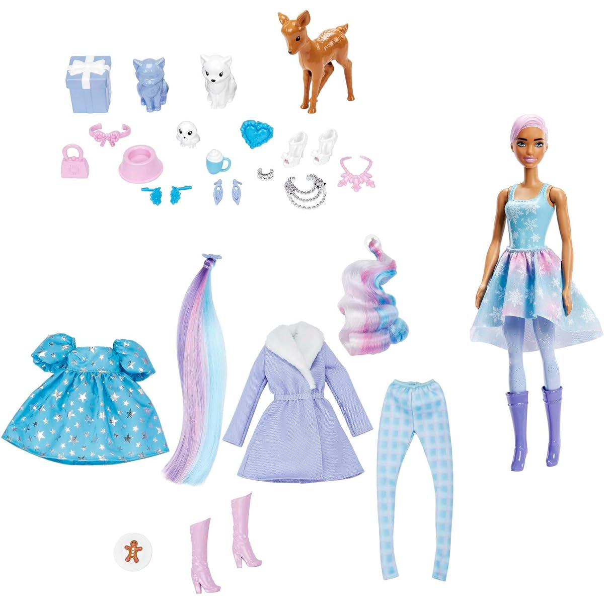 Barbie Color Reveal Advent Calendar, 1 Color Reveal Doll & 3 Pets, Clothes, Accessories & 2 Hair Extensions, 25 Surprises, Holiday Gifts for Kids
