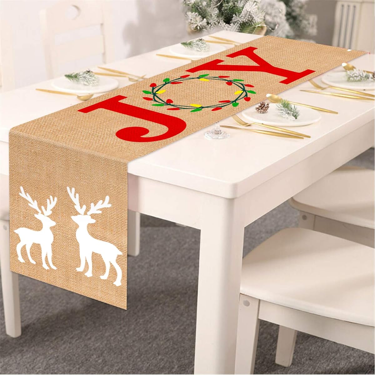 Tifeson Burlap Christmas Table Runner 13 x 72 Inch Rustic Christmas Joy Table Runner for Christmas Holidays Family Gatherings Dinner Table Decor for Indoor or Outdoor Parties