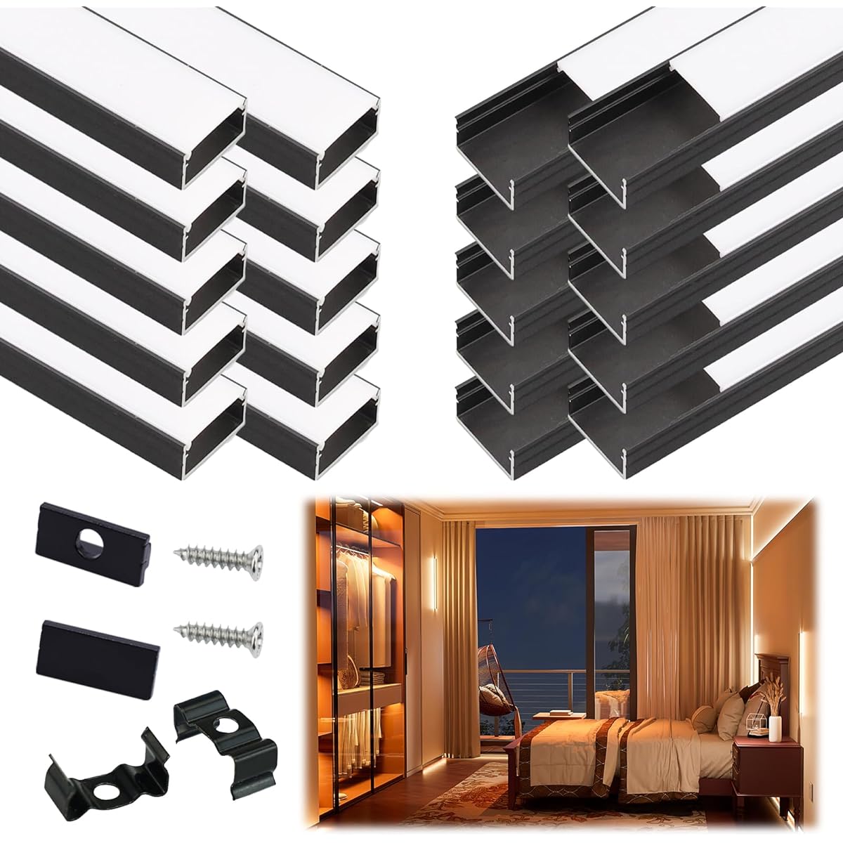 Muzata 3.3ft/1m Black LED Channel System with Milky White Cover 16mm Width Aluminum Extrusion Profile Track for Waterproof LED Strip Light U Shape U102 1M BW LU2 LP1