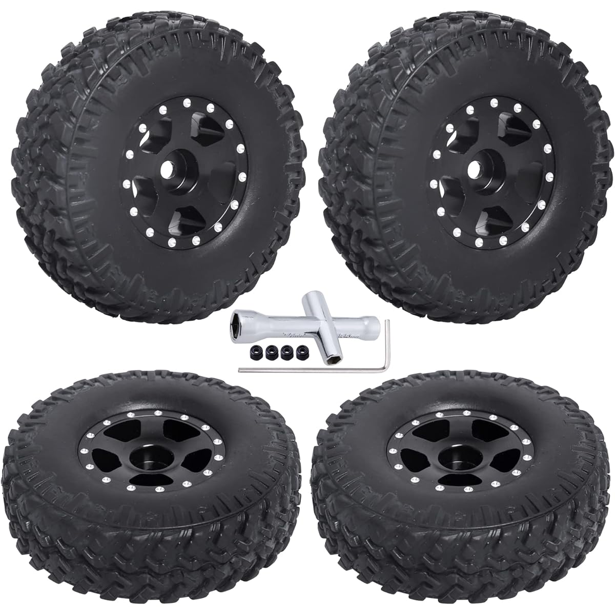 1.0 Beadlock Wheel & Tire Rim Set with Foam Inserts 4pcs for 1/24 RC Crawler Axial SCX24 90081 AXI00001 Deadbolt Chevy C10 AXI00002 Jeep Wrangler JLU CRC (Type 1)