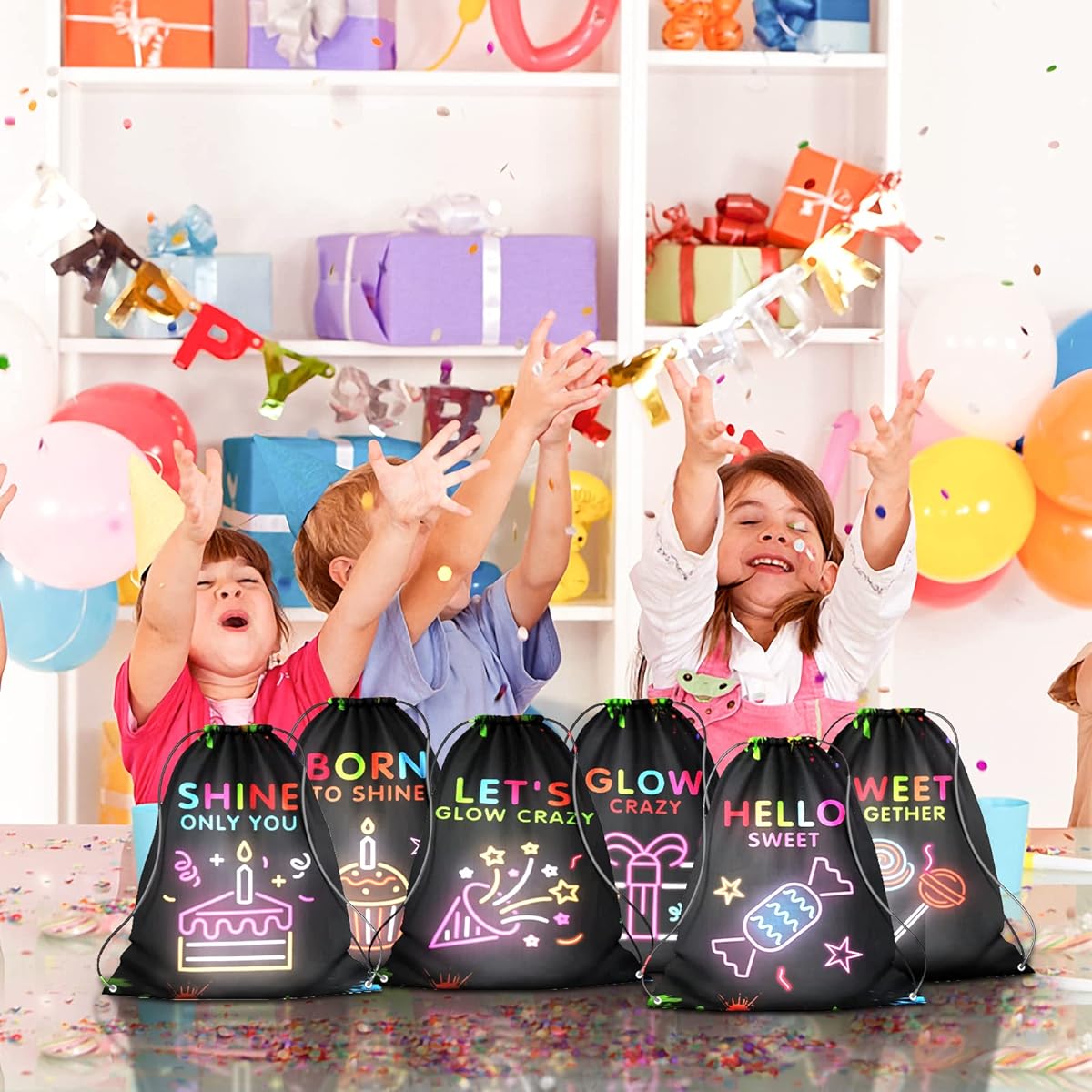 PERFQU 12 Pack Glow Party Supplies Drawstring Bags for Kids Birthday