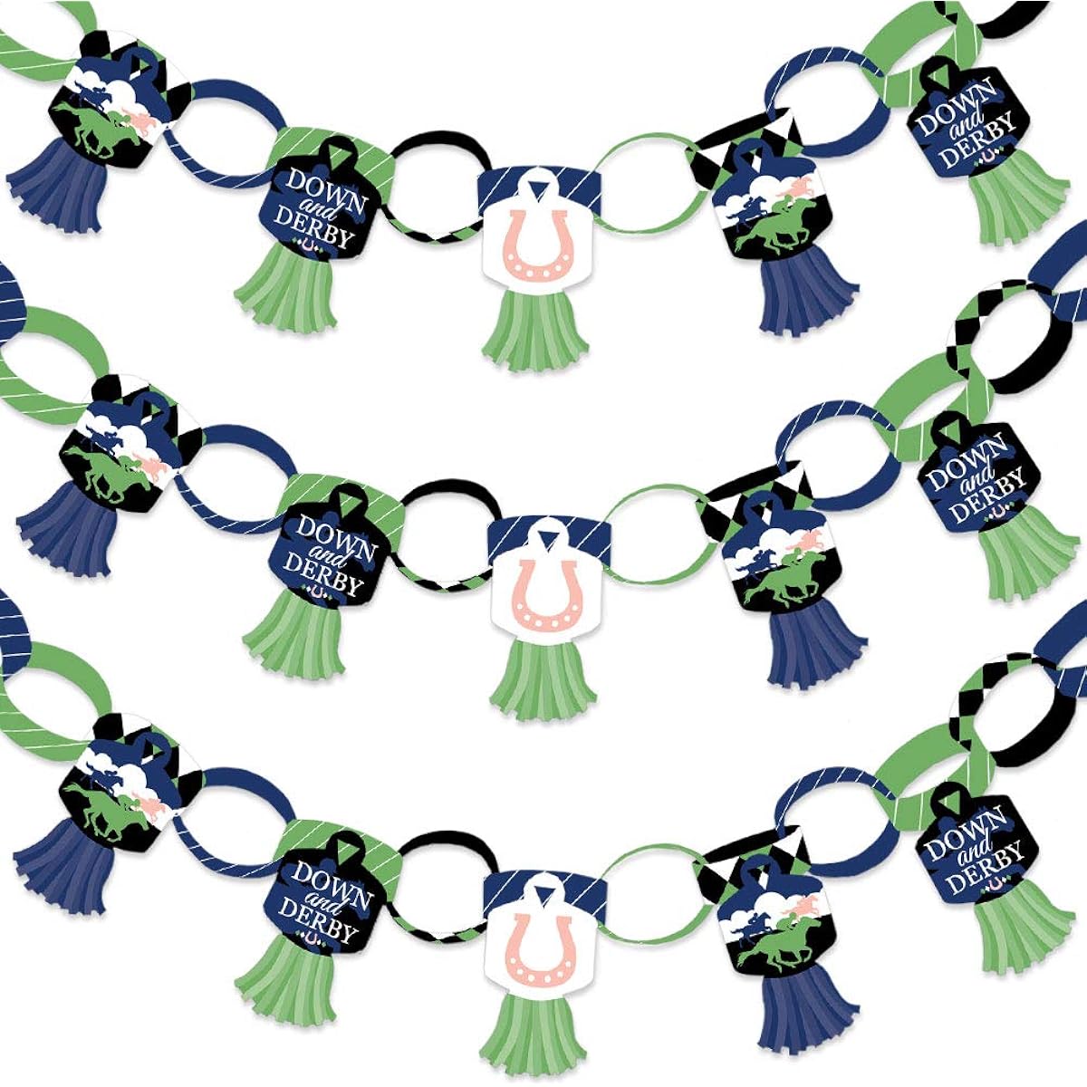 Big Dot of Happiness Kentucky Horse Derby 90 Chain Links and 30 Paper Tassels Decoration Kit, Horse Race Party Paper Chain Garland, 21 Feet