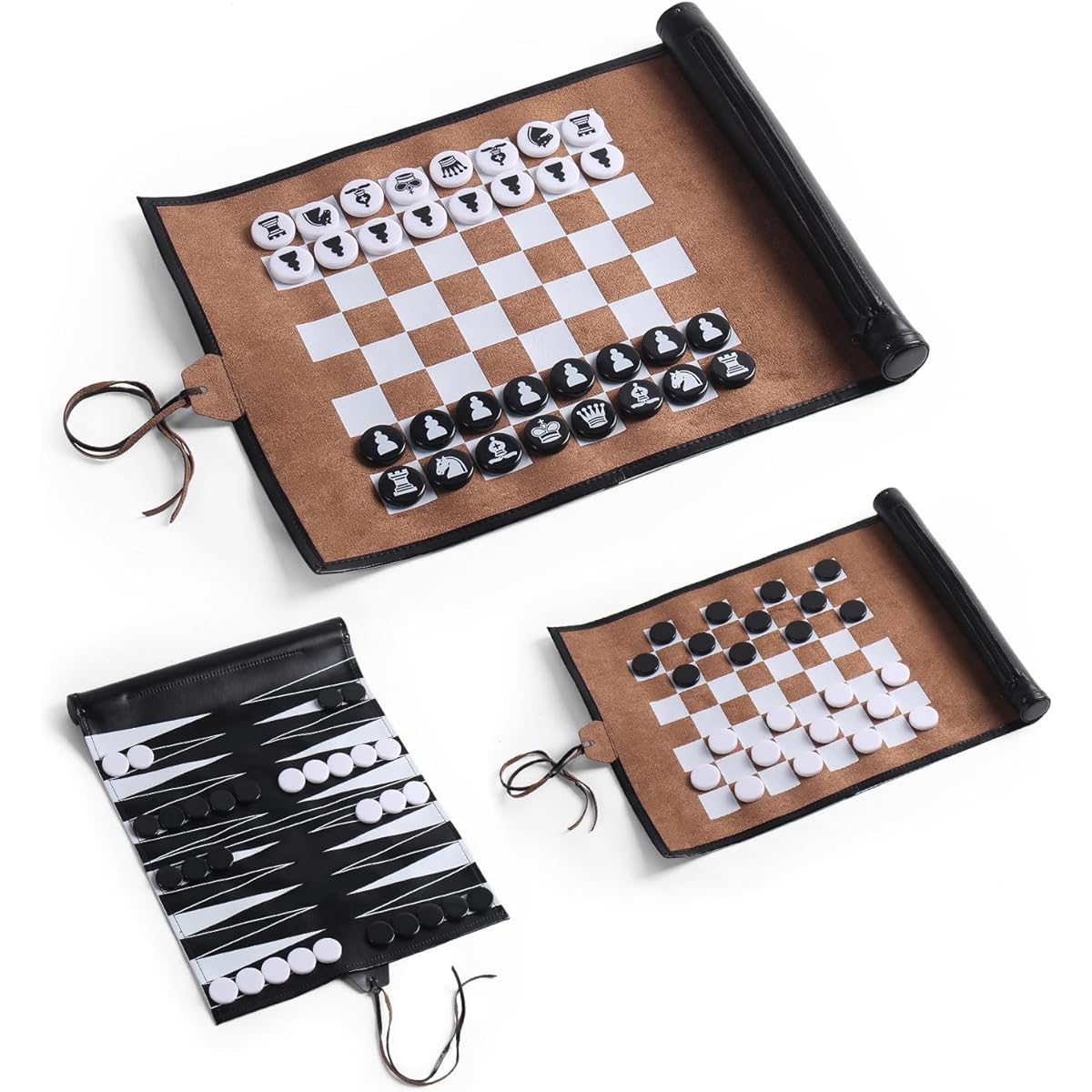 Magic Vosom 3-in-1 Backgammon Chess Checkers Set Roll Up Travel Game Set for Adults and Kids Black & Brown (3-in-1 Set)