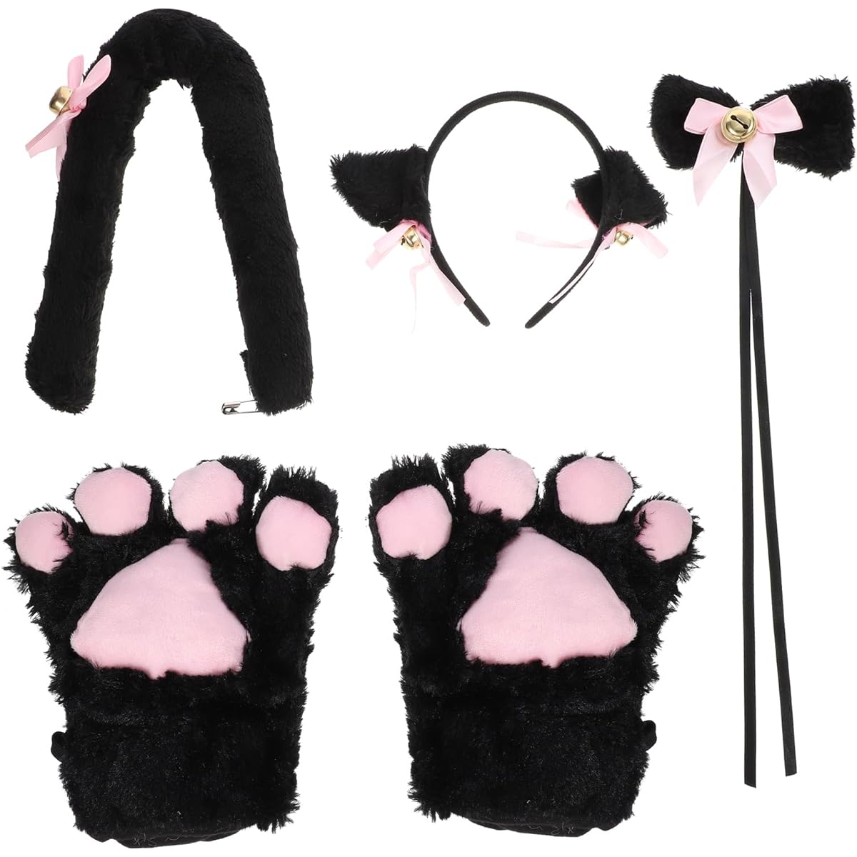 STOBOK 5 Piece Cat Costume with Headband, Paw Gloves, Tail Tie for Party Halloween Black