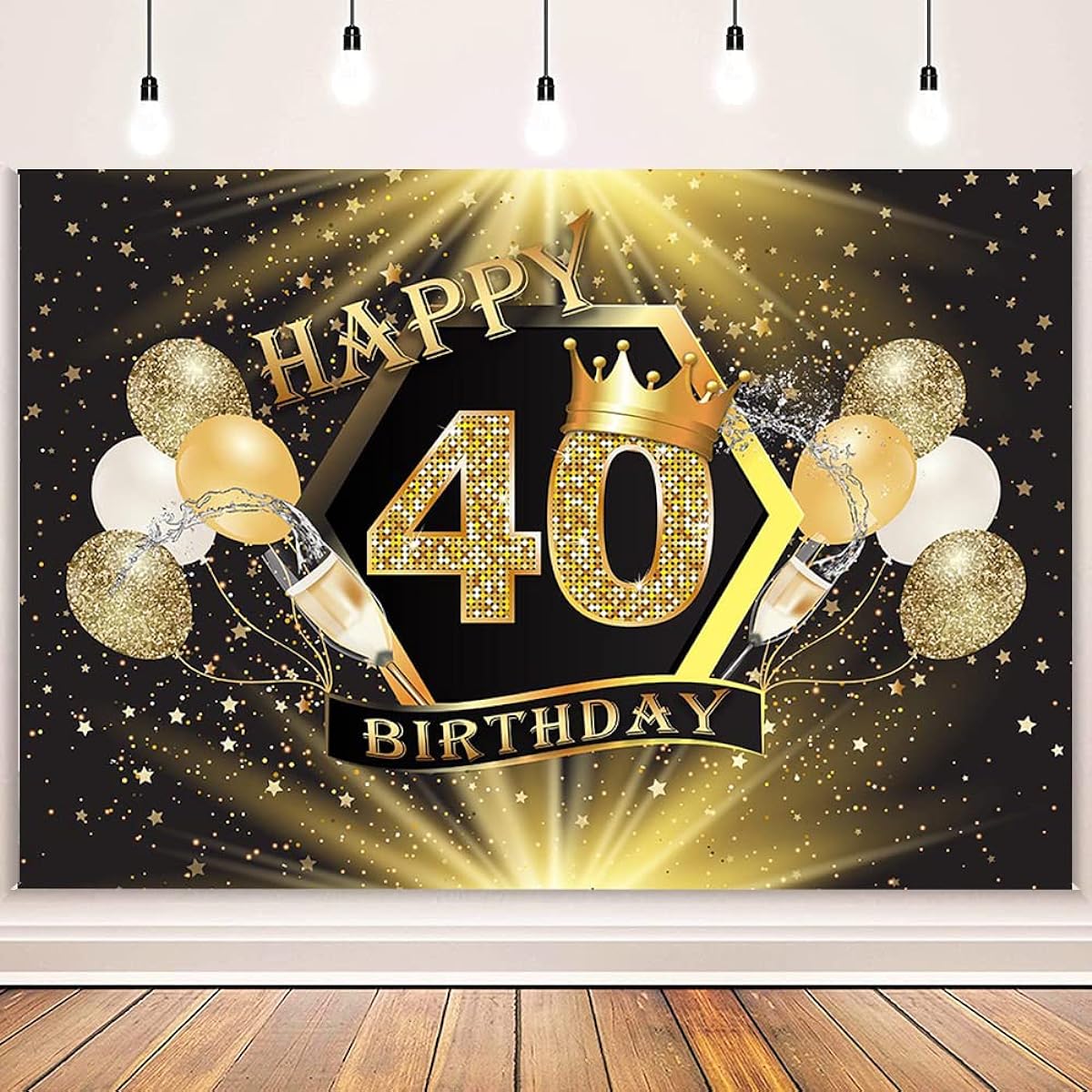 AIBIIN 40th Birthday Backdrop Banner for Women Men Black and Gold Birthday Backdrop Glitter Gold Balloons Photo Background 40th Birthday Decorations Banner Party Supplies Vinyl 7x5ft