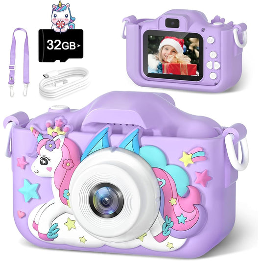 Anesky Kids Camera, Toy Camera for Kids Aged 3 4 5 6 7 8 9 10 11 12, 1080P HD Toddler Digital Video Camera, Children's Camera for Boys and Girls, Perfect Christmas & Birthday Gifts, 32GB Card - Purple