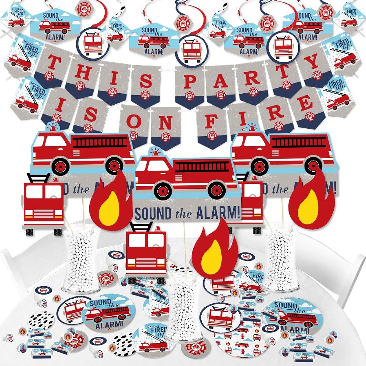 Big Dot of Happiness Fired Up Fire Truck Fire Engine Baby Shower Birthday Party Supplies Banner Decorations Kit Bundle Set