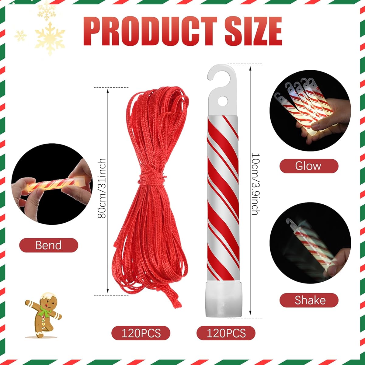 Wettarn 120pcs 4" Christmas Glow Sticks Light Up Sticks Bright Candy Cane Light Sticks Bulk Christmas Party Favors for Kids/Adults/Camping/Hiking Activities/Blackout/Storm/Emergency