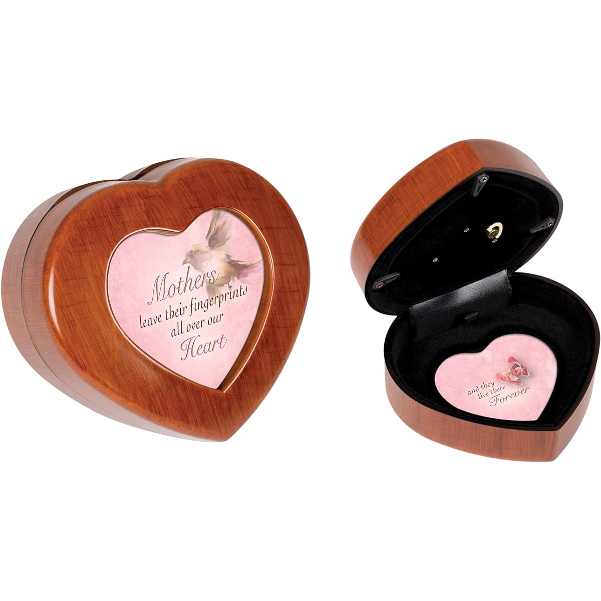 Mother's Fingerprint Woodgrain Finish Heart Jewelry Music Box Plays Tune Wind Beneath My Wings