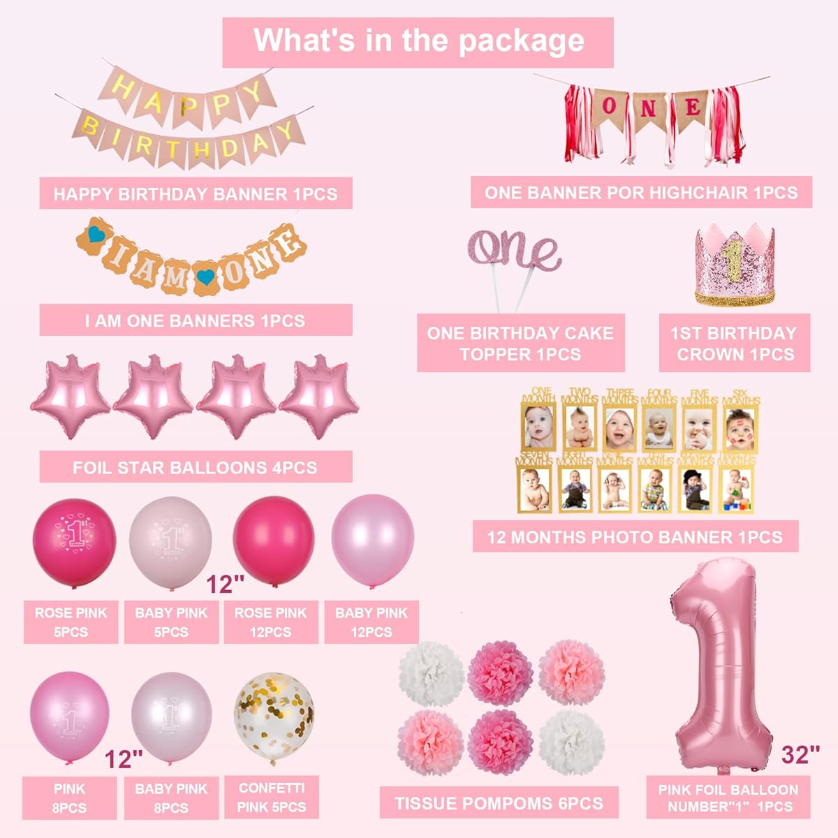 EAF 1st Birthday Decorations for Girls, 72pcs Pink 1st Birthday Decorations with Pink Tinsel Curtain, 12 Months Photo Banner, 1st Birthday, Highchair Banner, I AM ONE, Happy Birthday Banner