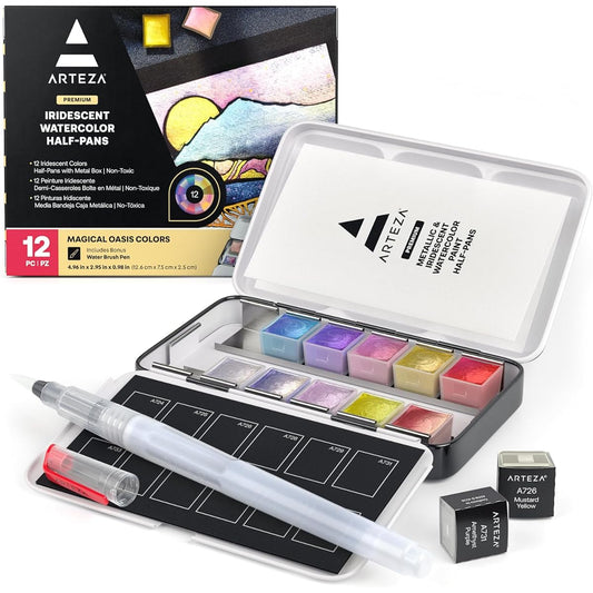 ARTEZA Rainbow Watercolor Paint Set, 12 Metallic Pearl Colors, Half Pan, Water Brush Included, Reusable Semi-Moist Glitter Paint, Non-Toxic, For Painters/Hobby Painters