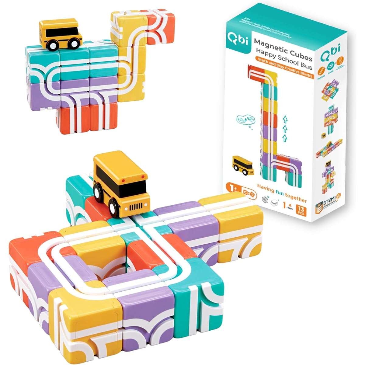 Qbi Happy School Bus - 12 blocks, 1 bus, online challenge card included, educational toy for ages 1 and up