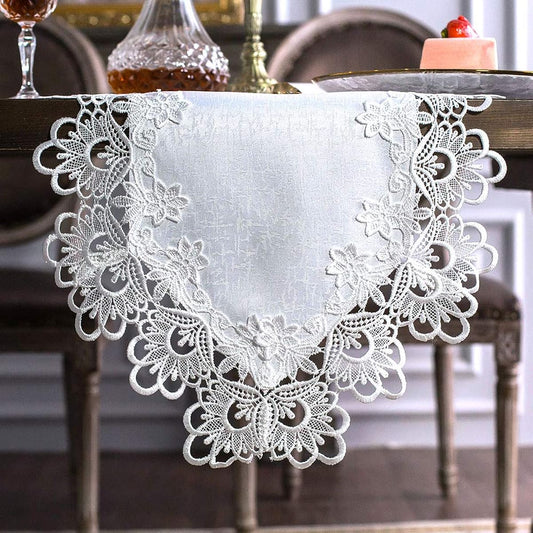 ARTABLE Rectangular Fabric Lace Table Runner Exquisite Macrame Embroidery Bridal Shower Wedding Party Decorations for Long Dinner Table (White, Table Runner 16" x 104")
