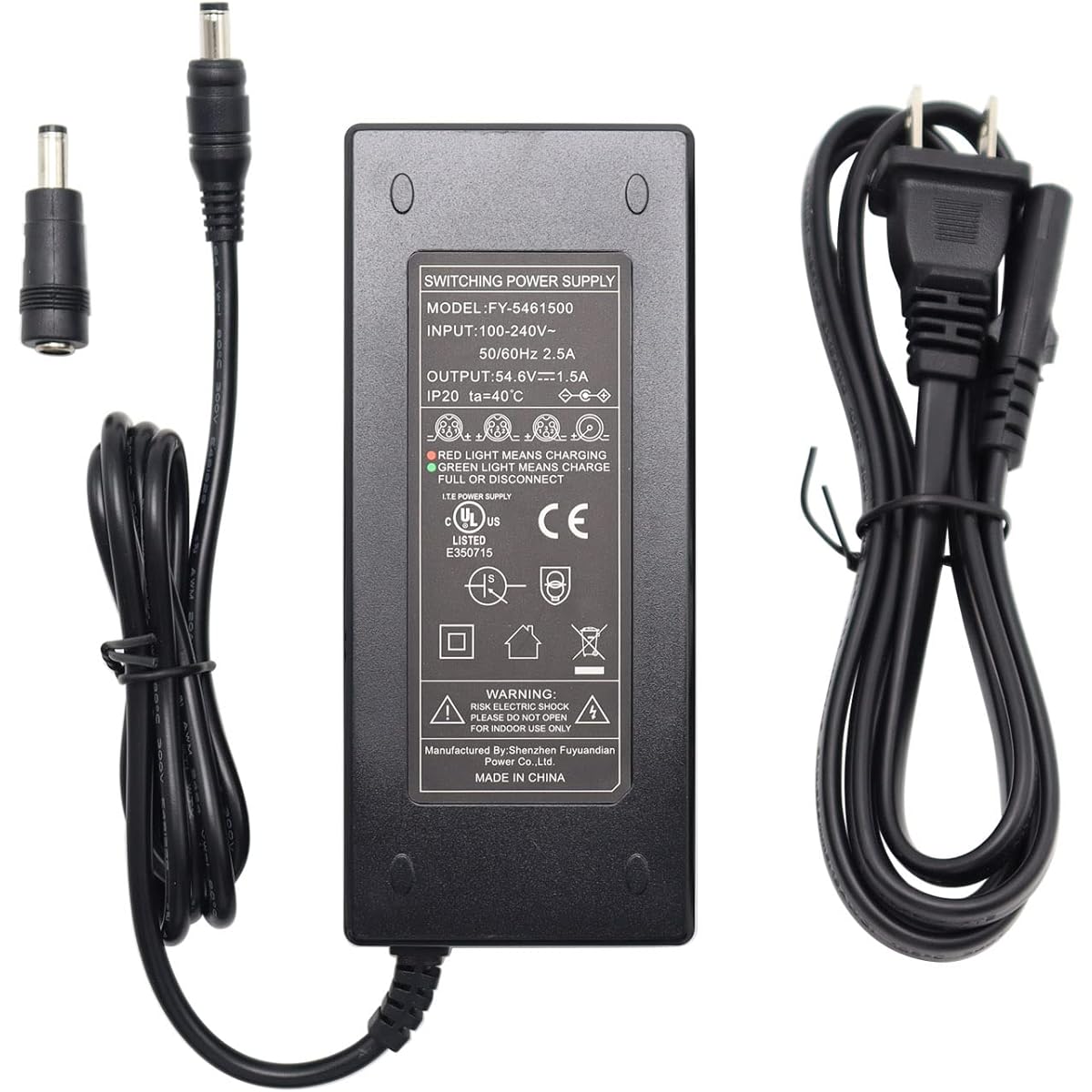 54.6V 1.5A charger power adapter for 13S 48V lithium li-ion battery pack, with 5.5*2.1mm round plug and 5.5*2.5mm tip.