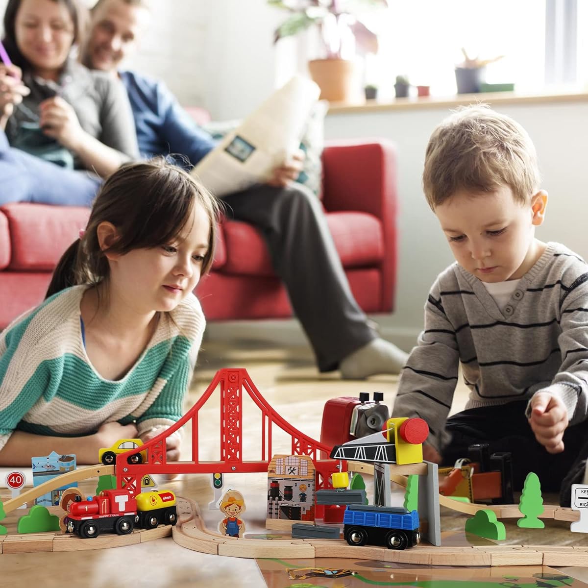 TOY Life 80 Piece Wooden Train Set - Wooden Train Set for Boys & Girls with Crane Wood Track Thomas Brio Melisa Chuggington Train Track Set Wooden Railway - Toddler Boys Toy Train Set Boys Train Set 3+