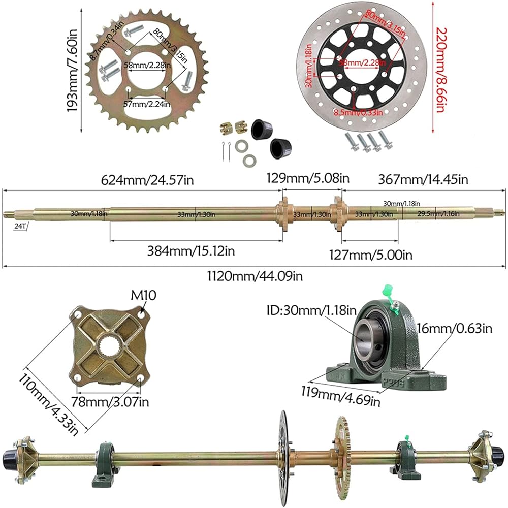 DENESTUS 1120mm Go Kart Live Rear Axle Complete Kit with Sprocket Brake Disc Pillow Block Wheel Hub for DIY or ATV Quad Go Kart Golf Cart