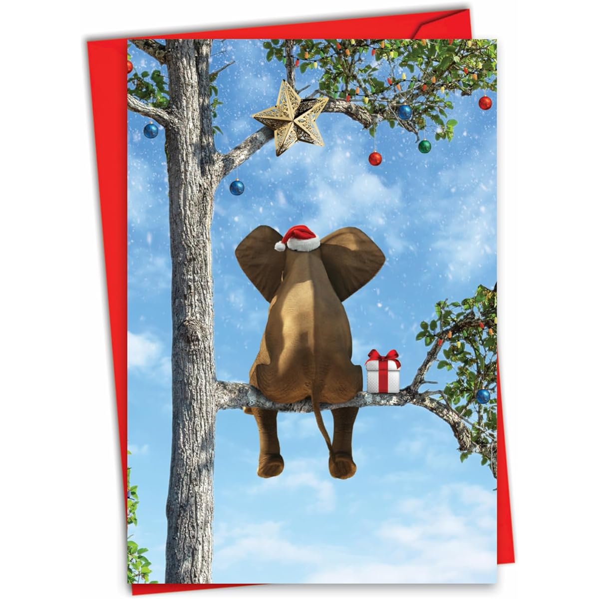 NobleWorks Christmas Paper Cards with 5" x 7" Envelopes (1 Card) Merry Christmas Holiday Tree Animals - Elephant C10323EXSG