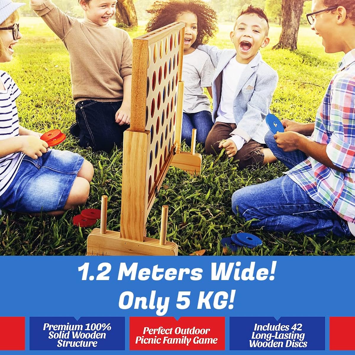 Prextex Giant 4 Row Wooden Family Game for Indoor/Outdoor Use with 4-Piece Travel Bag