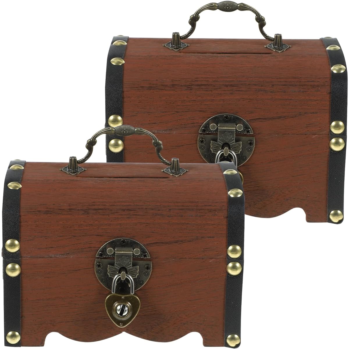Happyyami Wooden Treasure Box Antique Wooden Piggy Bank Coin Storage Money Bank Jewelry Box with Lock and Key Gift for Kids and Adults (Light Brown 1)
