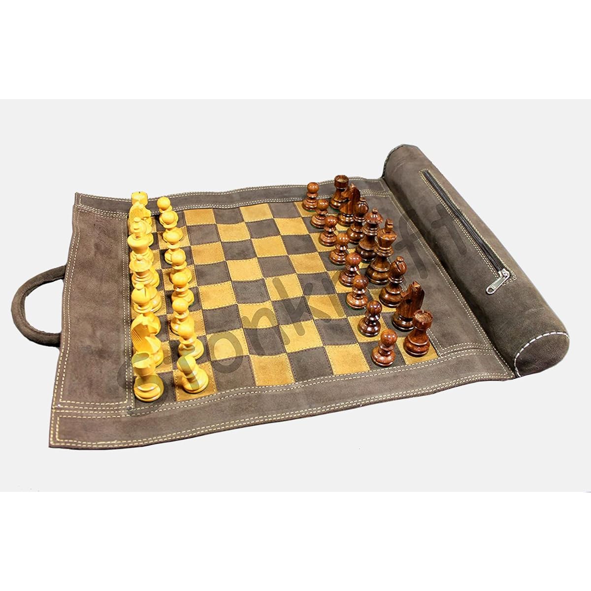 StonKraft 19"x 15" (Chessboard Size 12"x 12") Genuine Roll-Up Leather Chess Set with Wooden Chess Pieces - Brown Grey | Innovative Carry Pouch Now Available Grey