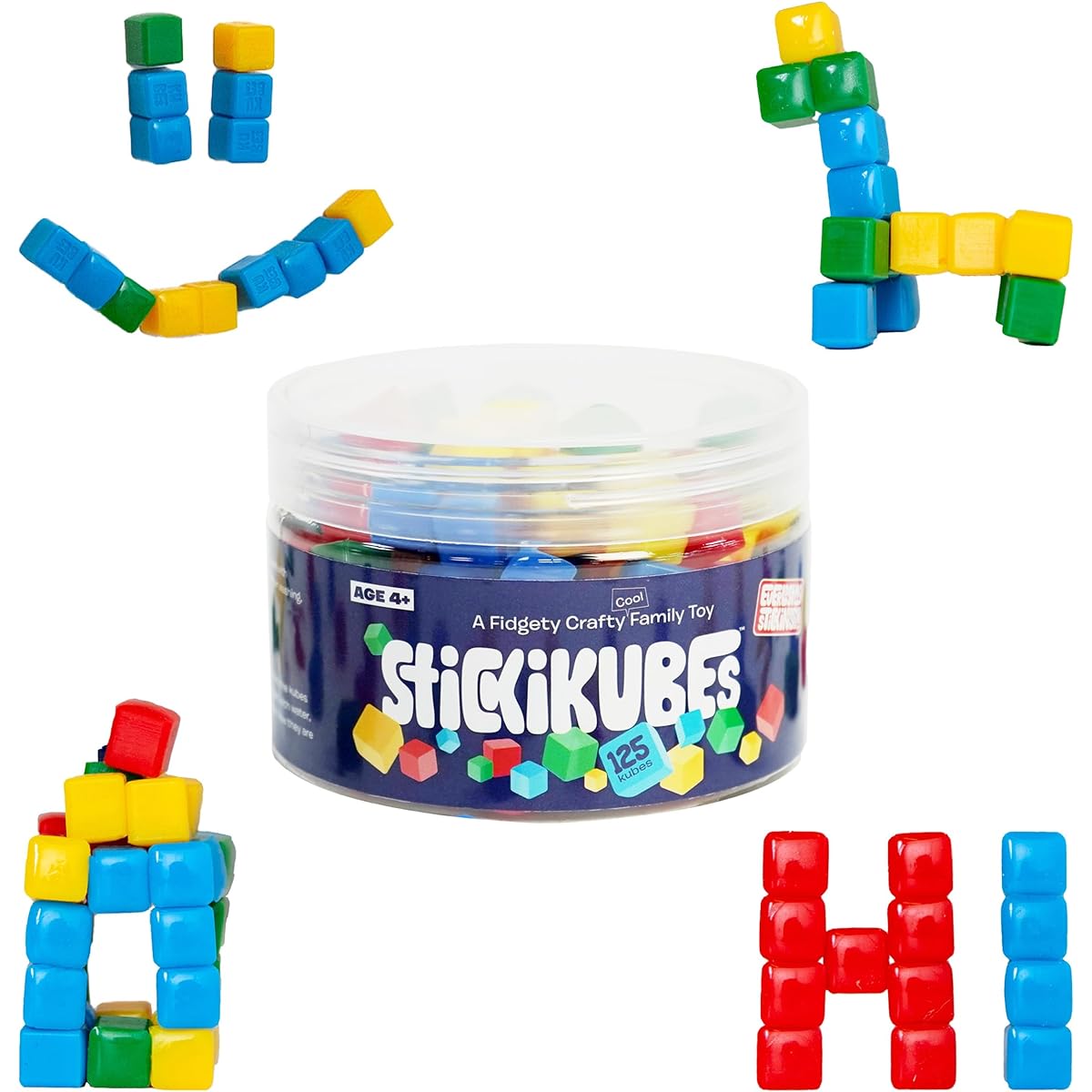 KOMARC GAMES StickiKubes - Mini Stacking Cubes that Stick to Anything - 125 Cubes in 4 Colors - Plastic Tabs - Non-Toxic and Child Safe