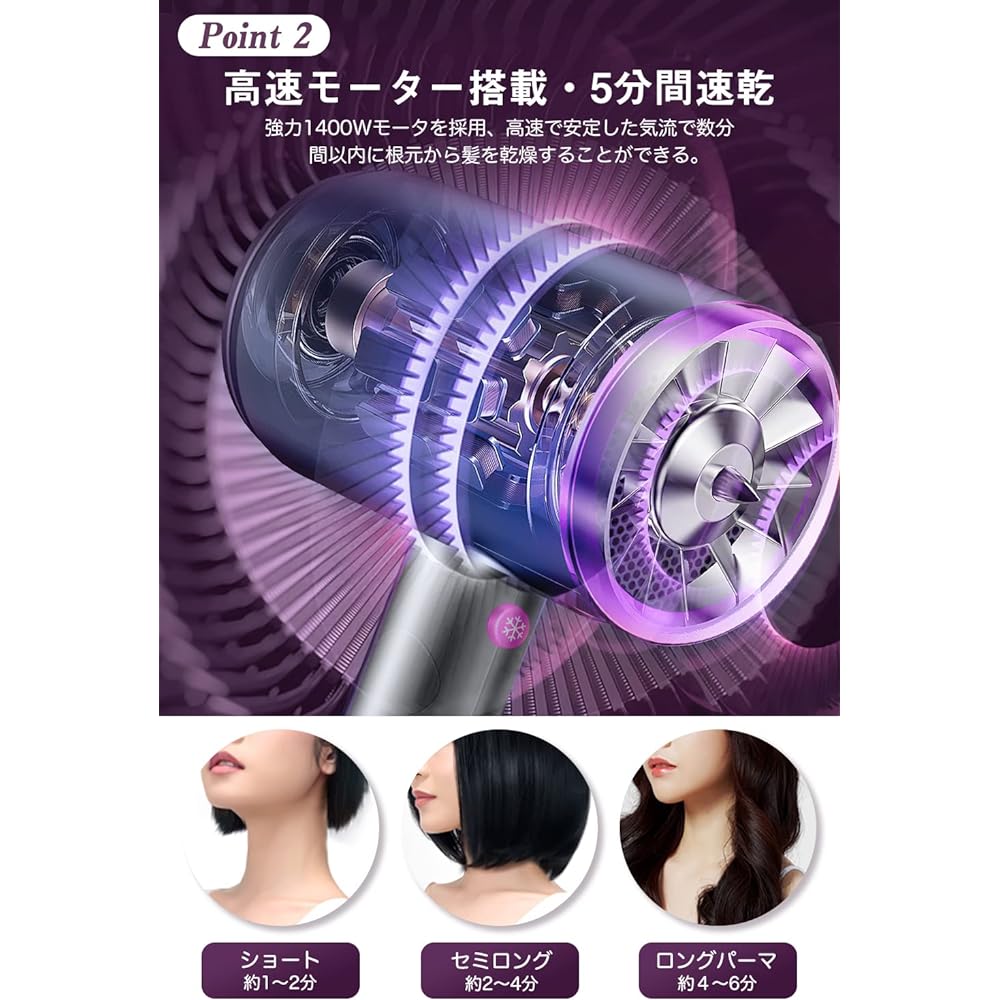 [New in 2024, 2.6m³/min large airflow] Hair dryer 1400W large airflow, quick drying, high concentration of negative ions, overheating prevention function, cold and hot air hair dryer, constant temperature of 57℃, 3 modes, nozzle included, for home/salon