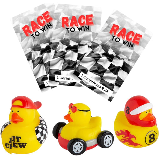 36 Bulk Winning Race Christian Vinyl Race Car Driver Rubber Ducks with Prayer Cards 2" Mini Vinyl Duckie Decorations Prize Birthday Duck Jeep Cruising Duck 1 Cor 9 24 VBS