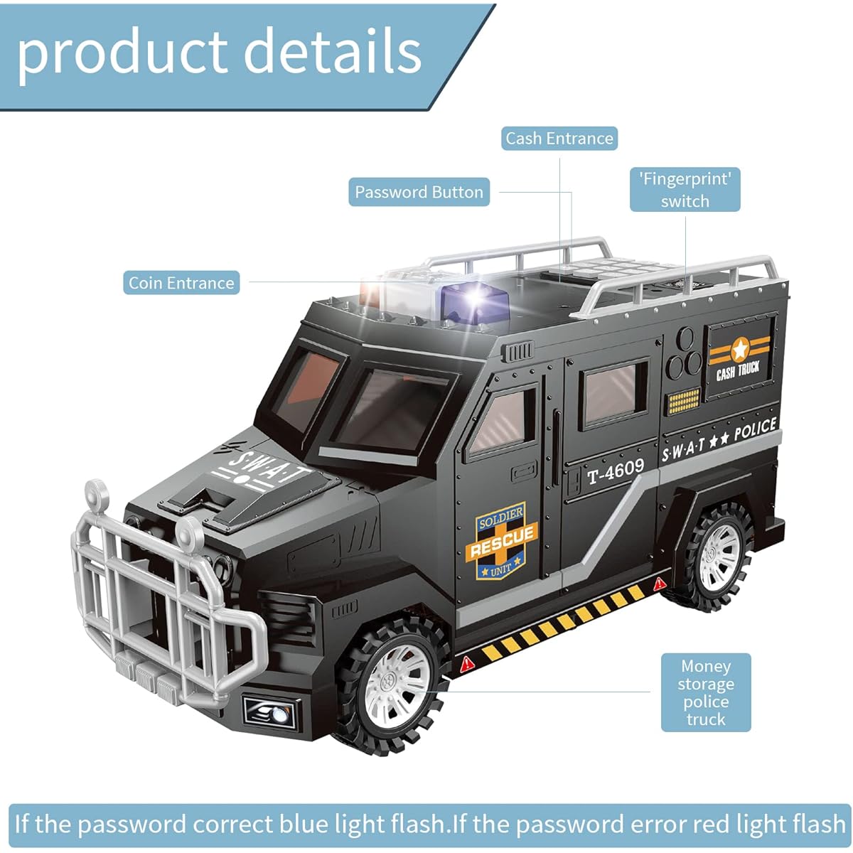 Raywer Boys Piggy Bank - Coin Money Storage - Police Swat Car - Toy Piggy Bank with Password - Black