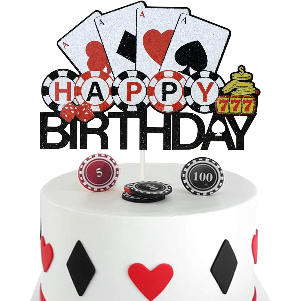 Casino Happy Birthday Cake Topper Poker Theme Birthday Cake Decoration Las Vegas Party Supplies Assembled Double Sided Glitter