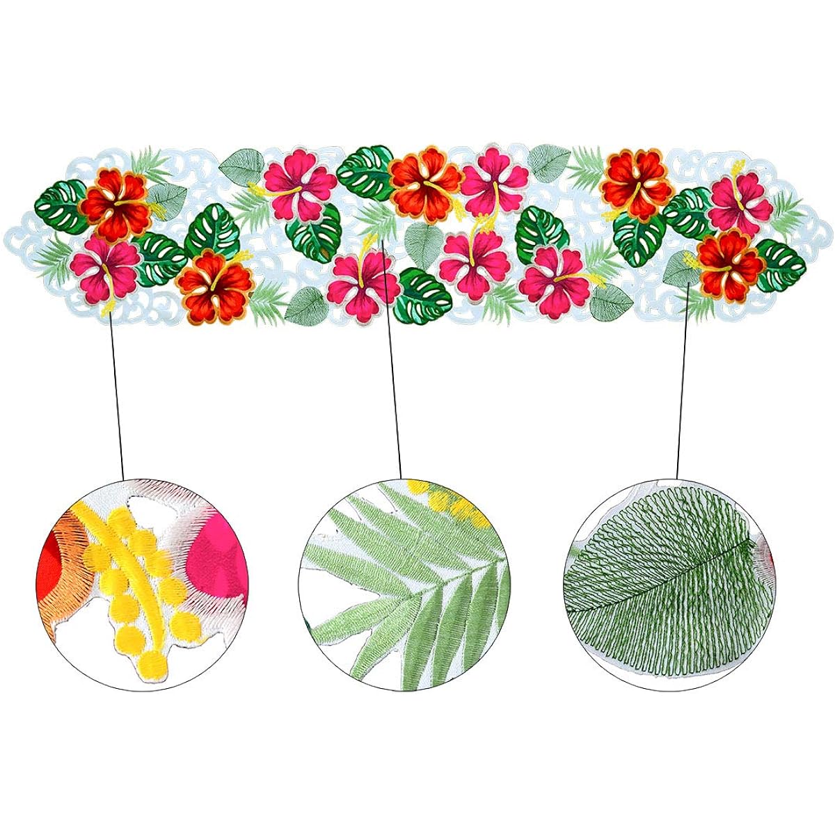 Simhomsen Table Runner Tropical Palm Leaves and Hibiscus Flowers Embroidery for Hawaiian Luau Party Paradise Jungle Beach Theme Party Baby Shower Decorations (14 x 68 Inch)