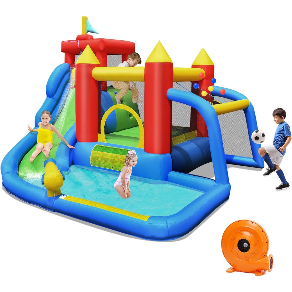 HONEY JOY Inflatable Water Slide 7 in 1 Toddler Giant Blow Up Bouncy Water Park with Soccer Ball Gate Outdoor Water Bounce House Water Slide Inflatable for Kids and Adults Backyard (GFCI 750W Blower)